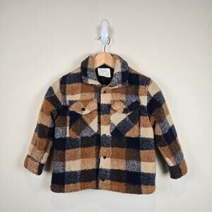 Zara Fleece Overshirt Size 6/7 Brown Navy Sherpa Snap Pockets Lined